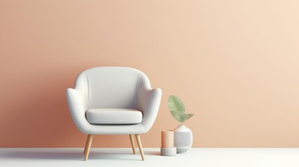 Modern living room interior with white armchair and plant.