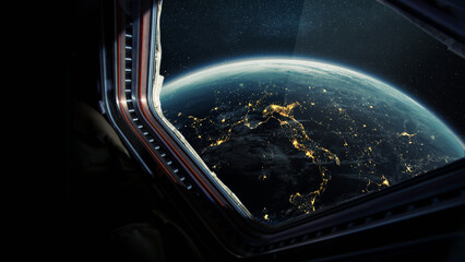 Poster - Spaceship flies near the amazing night planet earth, view from the window. Travel and tourists in space, concept. Beautiful space view of the Earth with night city lights. Hotel in space