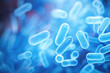 © dinastya - Lactic Acid Bacteria Genome Database. Light blue color. Microscope shot of Lactobacillus and Bifidobacterium. 3d render illustration style. Flying Molecules in capsule form.