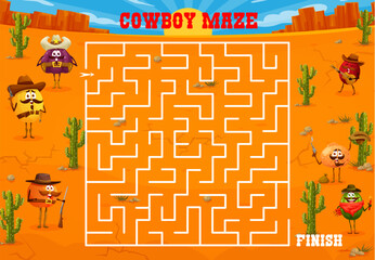 Sticker - Western labyrinth maze, cartoon cowboy, sheriff, bandit and ranger fruit characters, vector game worksheet. Funny melon and watermelon with orange and tangerine on kids labyrinth escape or puzzle quiz