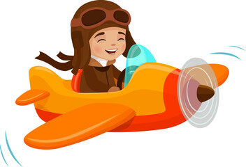 kid flying on plane, cartoon pilot character on airplane or boy aviator, isolated vector. child fly 