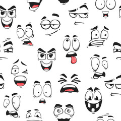 Aufkleber - Cartoon funny emoji faces seamless pattern, funny emoticons and happy emoji, vector background. Cute smile characters pattern of cartoon kawaii emoticons laugh or scared and silly tongue for pattern