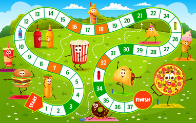 Leinwandbilder - Kids board step game, cartoon fast food yoga characters, vector worksheet quiz. Pizza, cheeseburger and popcorn with donut and burrito or enchilada, funny fast food in start and finish dice race game