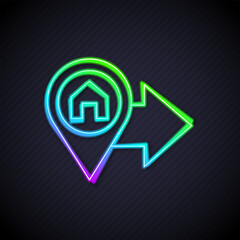 Poster - Glowing neon line Map pointer with house icon isolated on black background. Home location marker symbol. Vector