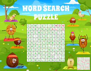 Poster - Cartoon nuts on yoga fitness on green meadow, word search puzzle game, vector quiz. Peanut, walnut and hazelnut on sport fitness, cashew and pistachio nut on yoga in word search quiz grid worksheet