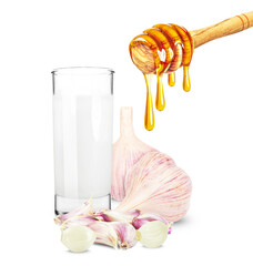 Wall Mural - dripping honey, milk and garlic isolated on a white background