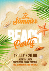 Beach party flyer, sand beach with starfish, palm leaves and seashells, vector top view background. Summer festival or music fest party poster for beach club entertainment event with seashells on sand