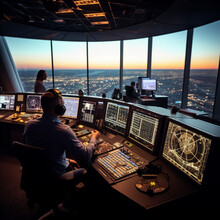 Air Traffic Controllers In A Control Tower. Generative AI.