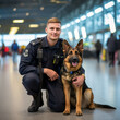 Police officer next to a police dog at the airport. Generative AI.