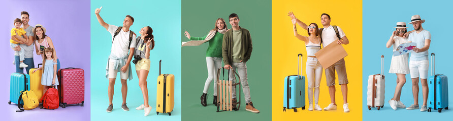 Poster - Set of happy family and couples with packed suitcases on color background