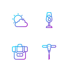 Poster - Set line Wine corkscrew, Hiking backpack, Sun and cloud weather and glass. Gradient color icons. Vector