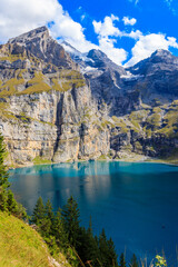 Sticker - View of Oeschinen lake (Oeschinensee) and Swiss Alps near Kandersteg in Bernese Oberland, Switzerland