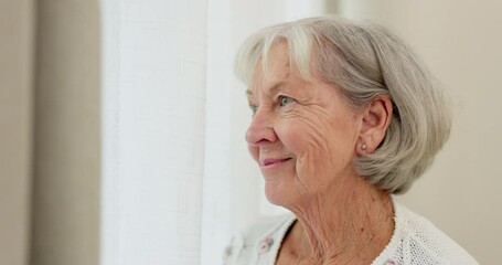 Poster - Face, thinking or nostalgia and a senior woman in a nursing home with a happy memory of the past. Smile, relax and retirement with an elderly resident remembering life in an assisted living house