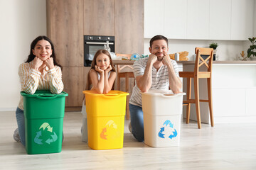 Wall Mural - Family with recycle trash bins in kitchen