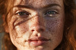 © ADDICTIVE STOCK - Generative AI illustration of closeup of serious young redhead woman with freckles and green eyes looking at camera