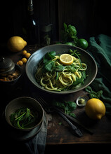 Generative AI Illustration Of High Angle Of Bowl Of Green Pasta With Slices Of Lemon Placed On Wooden Table Near Napkin, Lemons, Spoon, Fork And Spinach Leaves