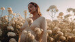 © ADDICTIVE STOCK - Generative AI illustration of pregnant woman with eyes closed while standing among white flowers in countryside