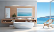 Interior of a modern bathroom with a white bathtub and a chic vanity. The background is a bright blue sea of summer. - Generative AI