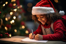 Little Girl Writing A Letter To Santa Claus, Christmas Wishes Generative Ai