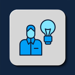 Sticker - Filled outline Human with lamp bulb icon isolated on blue background. Concept of idea. Vector