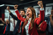woman businessmen in business red suits, joy in a successful deal generative ai