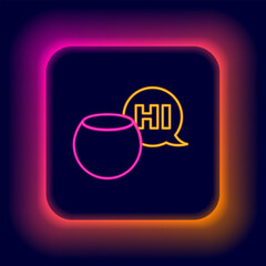 Poster - Glowing neon line Voice assistant icon isolated on black background. Voice control user interface smart speaker. Colorful outline concept. Vector