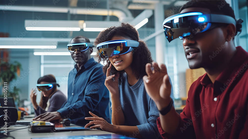 Group of students wearing VR goggles in class. Photo of a diverse group of students participating in a virtual class, engaging with AR educational content
