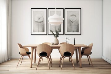 In a stunningly designed dining room with Danish inspired decor, a white wall showcases a blank framed print.