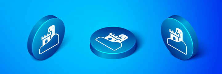 Wall Mural - Isometric Sand castle icon isolated on blue background. Blue circle button. Vector