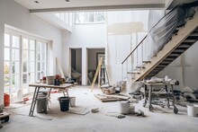 Renovating An Old Living Room In A House By Constructing A New Drywall Using Metal Frames And Gypsum Plasterboard. The Concept Focuses On Updating The Home With A New Look. The Living Room Features