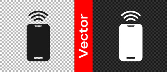 Poster - Black Smartphone with free wi-fi wireless connection icon isolated on transparent background. Wireless technology, wi-fi connection, wireless network. Vector