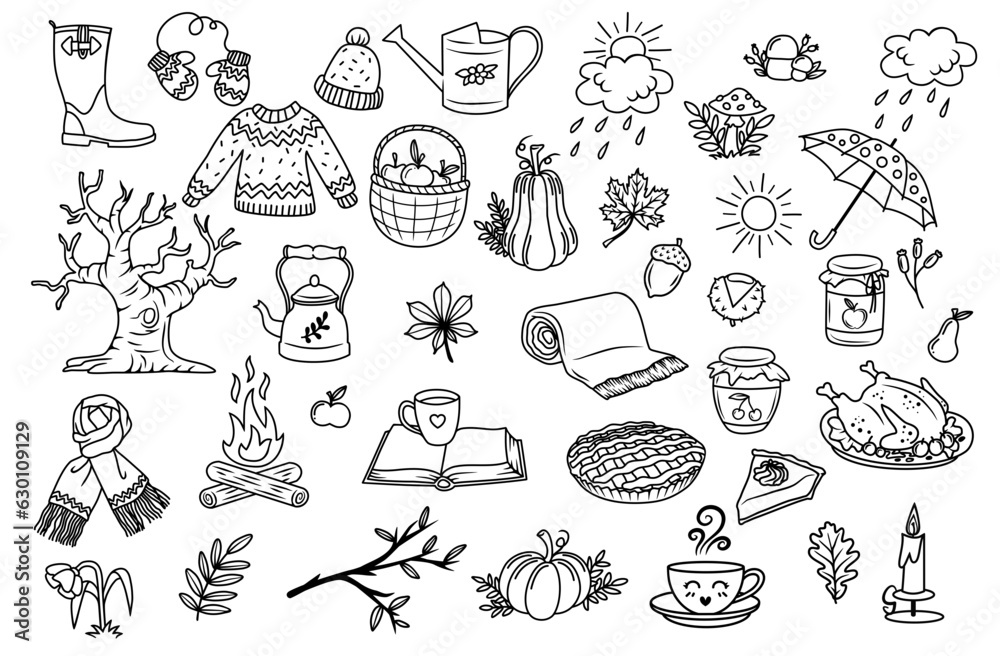 Set of hand drawn Fall doodle elements. Outline vector designs. Stock ...