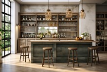 Modern Coffee Shop With A Bar Counter Showcasing A Collection Of Wine Bottles, Exuding A Vintage Charm.