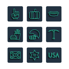 Wall Mural - Set line Flag Confederate, Hexagram sheriff, USA label, Hotdog sandwich, American football helmet, Burger french fries, Number 1 one fan hand glove and Pickaxe icon. Vector