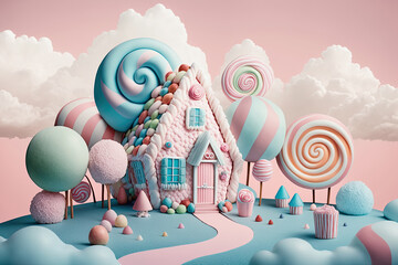 Wall Mural - generative ai, cute candy house in a pastel colored candyland with lollipops