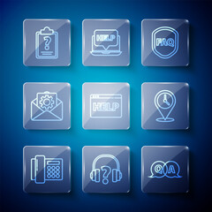 Poster - Set line Telephone, Headphones, Question and Answer, Shield with text FAQ, Browser help, Envelope setting, Clipboard question marks and Location clock icon. Vector