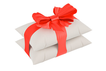 Poster - White pillows with red ribbon and bow, present concept. 3D rendering