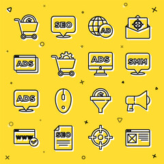 Poster - Set line Browser window, Megaphone, Social media marketing, Advertising, Shopping cart, and dollar and icon. Vector