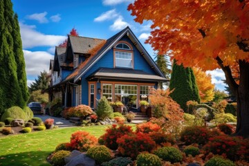 Canvas Print - In the beautiful season of autumn, a vibrant and lively house catches your attention. It boasts a peak roof, large windows, and an array of colorful landscaping. The sunny blue sky serves as a