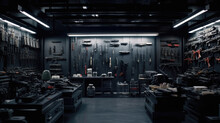 Modern Interior Of Gun Shop. Futuristic Arsenal That Offers A Choice Of Advanced Weaponry Options