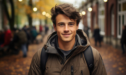 Wall Mural - Caucasian happy male in university campus, Portrait of teenage male student standing in a college