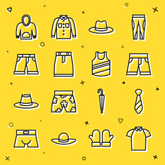 Sticker - Set line Polo shirt, Tie, Short or pants, Man hat, Skirt, Hoodie and Undershirt icon. Vector