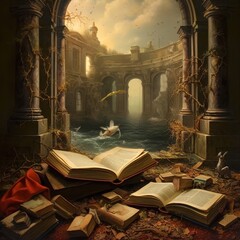 Old magic book in the ruins of an old castle, fantasy illustration