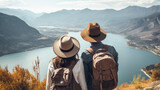 Fototapeta  - Couple with a hat and backpack looking at the mountains and lake from the top of a mountain generative ai