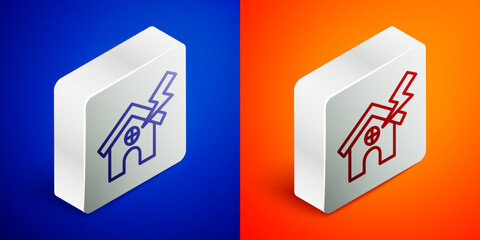 Poster - Isometric line House and lightning icon isolated on blue and orange background. House with thunderbolt for house or property insurance symbol. Silver square button. Vector