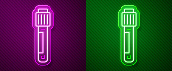 Poster - Glowing neon line Test tube and flask chemical laboratory test icon isolated on purple and green background. Laboratory glassware sign. Vector