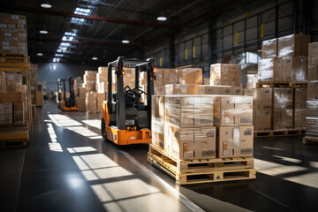 Big Retail Warehouse full of Shelves with Goods Stored on Manual Pallet Truck in Cardboard Boxes and Packages. Forklift Driving in Background.generative ai