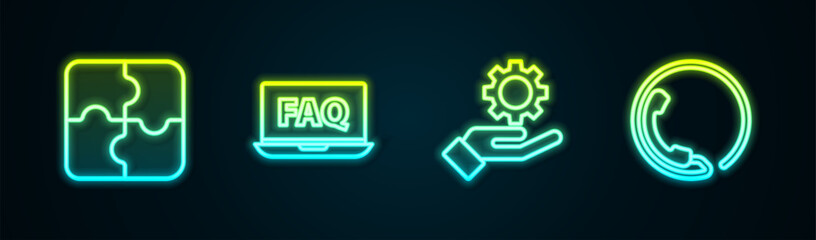 Poster - Set line Piece of puzzle, Laptop and FAQ, Settings in the hand and Telephone 24 hours support. Glowing neon icon. Vector