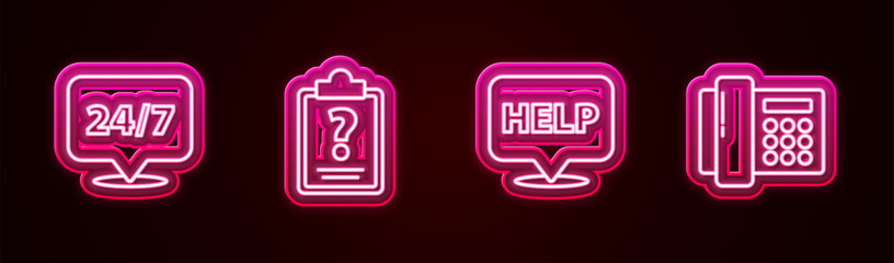 Poster - Set line Clock 24 hours, Clipboard with question marks, Speech bubble text Help and Telephone. Glowing neon icon. Vector
