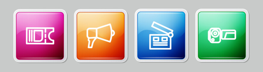 Sticker - Set line Cinema ticket, Megaphone, Movie clapper and camera. Colorful square button. Vector